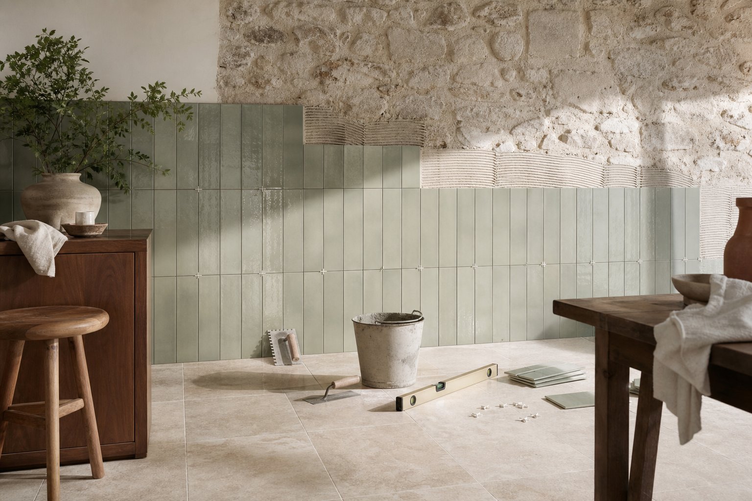 Mur en pierre avec carreaux poses outils carreleur spatule niveau truelle seau colle