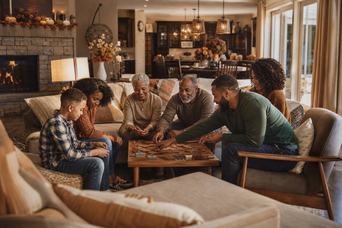 Salle de sejour chaleureuse famille jouant jeu de societe Thanksgiving