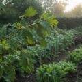 Feuillage de jardin avec chenilles vertes sur une branche éclairée par le soleil