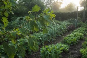 Feuillage de jardin avec chenilles vertes sur une branche éclairée par le soleil