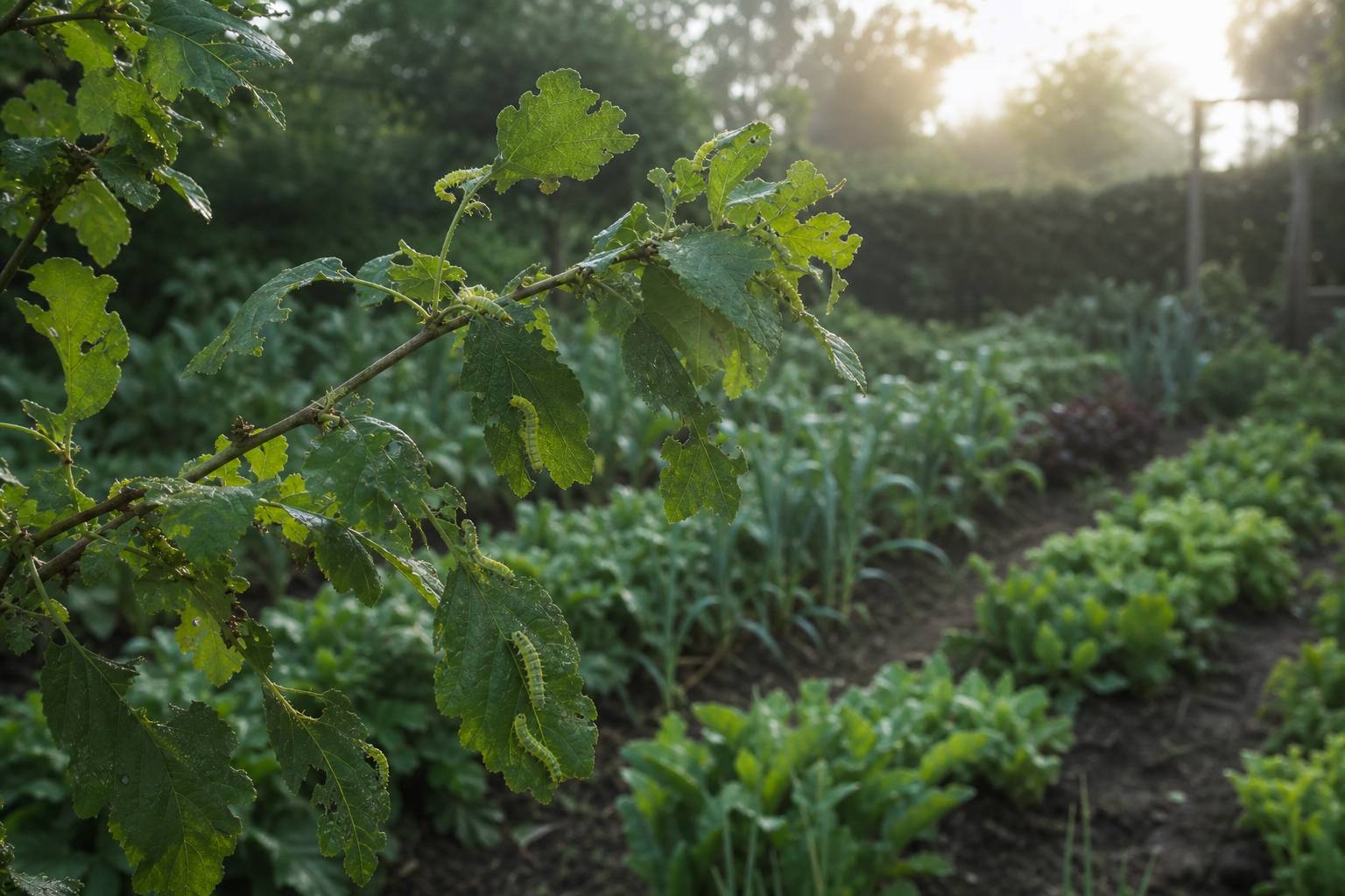 Feuillage de jardin avec chenilles vertes sur une branche éclairée par le soleil