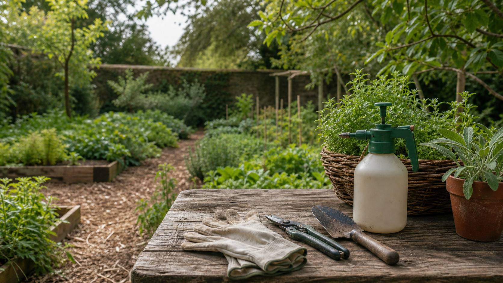 Jardin de maison avec plantes outils de jardinage et vaporisateur de traitement naturel