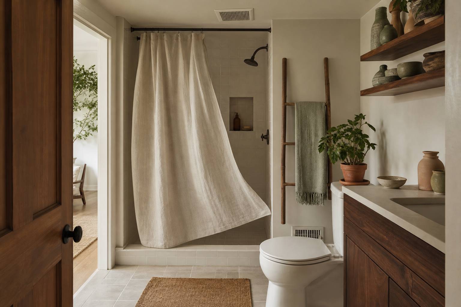 Salle de bains sans fenetre bien ventilee avec solutions de sechage et ventilation mecanique