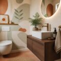 WC indépendants aménagés avec papier peint graphique et meuble suspendu en bois clair