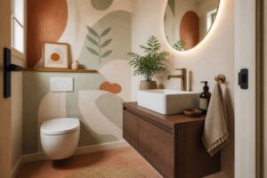 WC indépendants aménagés avec papier peint graphique et meuble suspendu en bois clair