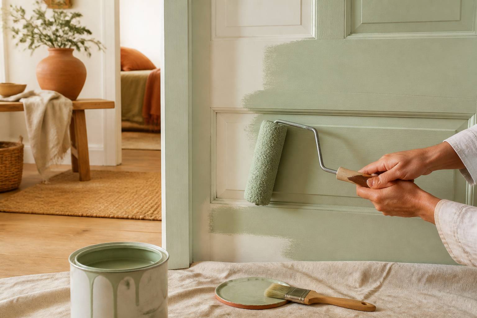 Mains appliquant de la peinture verte sur une porte avec un rouleau