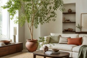 Grand arbre d'intérieur au feuillage abondant dans un salon lumineux