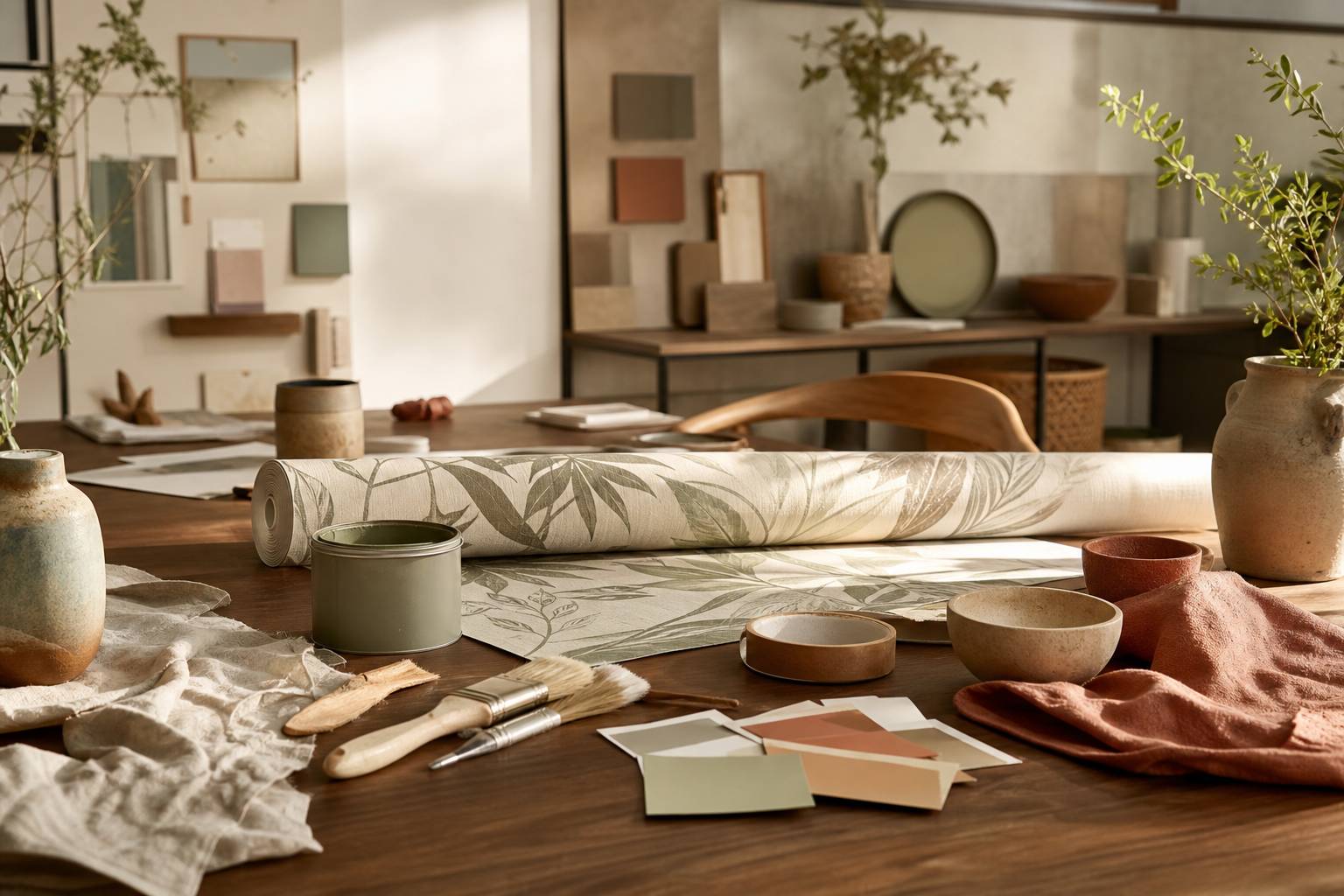 Atelier de décoration avec rouleau de papier peint, pot de peinture et échantillons de couleurs