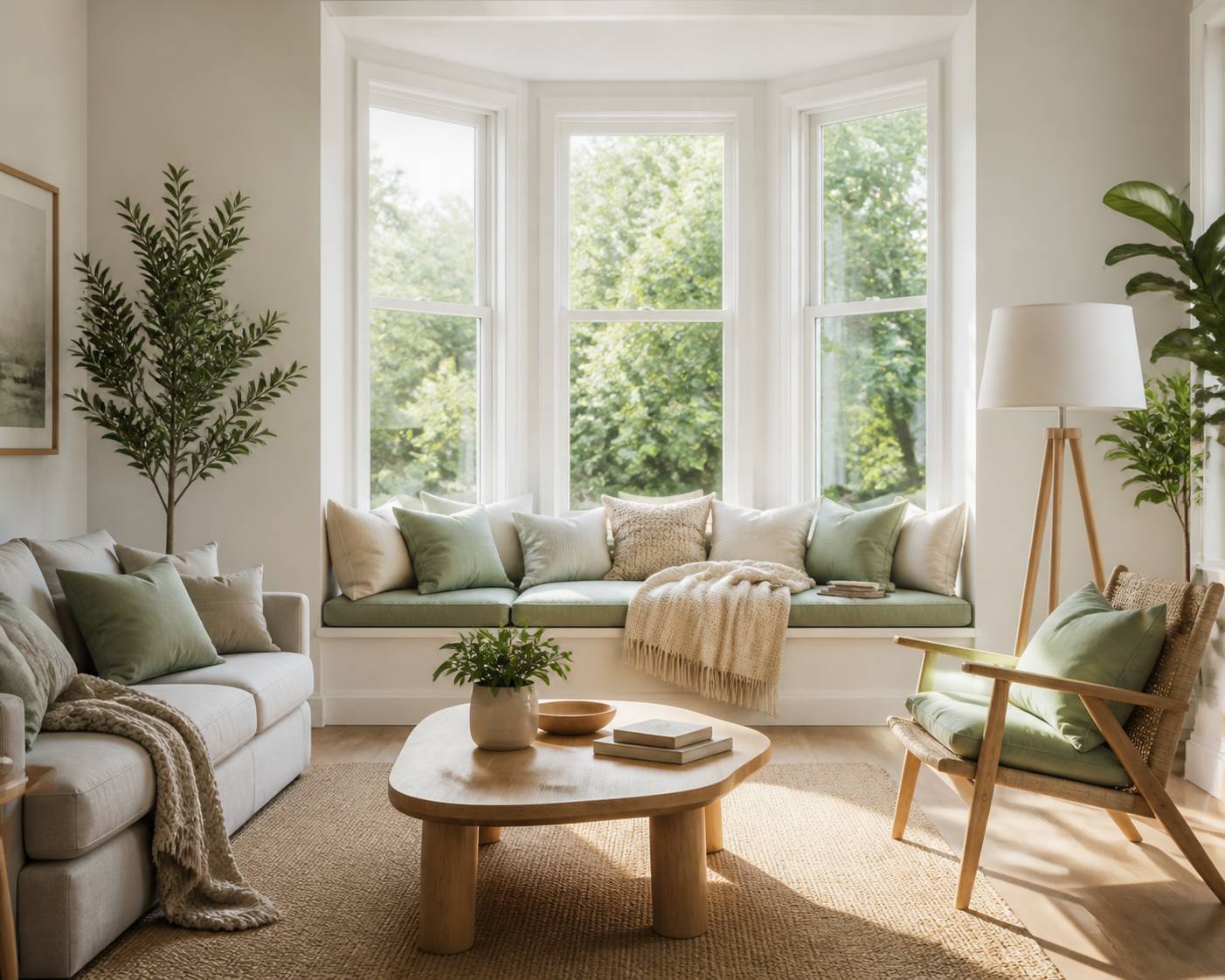 Bow-window aménagé en banquette de lecture avec coussins et plantes