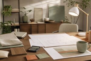 Plans de maison et calculatrice sur un bureau de suivi de budget