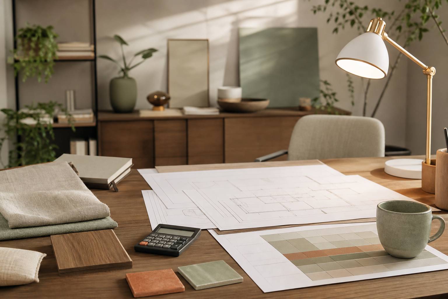 Plans de maison et calculatrice sur un bureau de suivi de budget