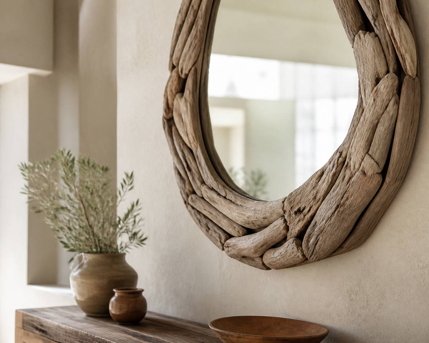 Gros plan sur le cadre en bois flotté d'un miroir avec reflet de fenêtre