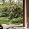 Camélia en fleurs roses dans un jardin de début de printemps