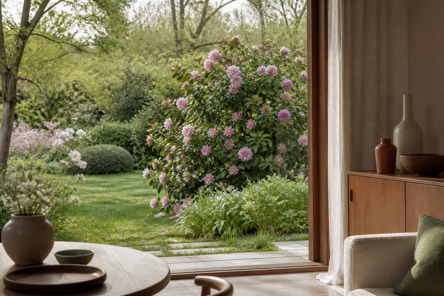 Camélia en fleurs roses dans un jardin de début de printemps