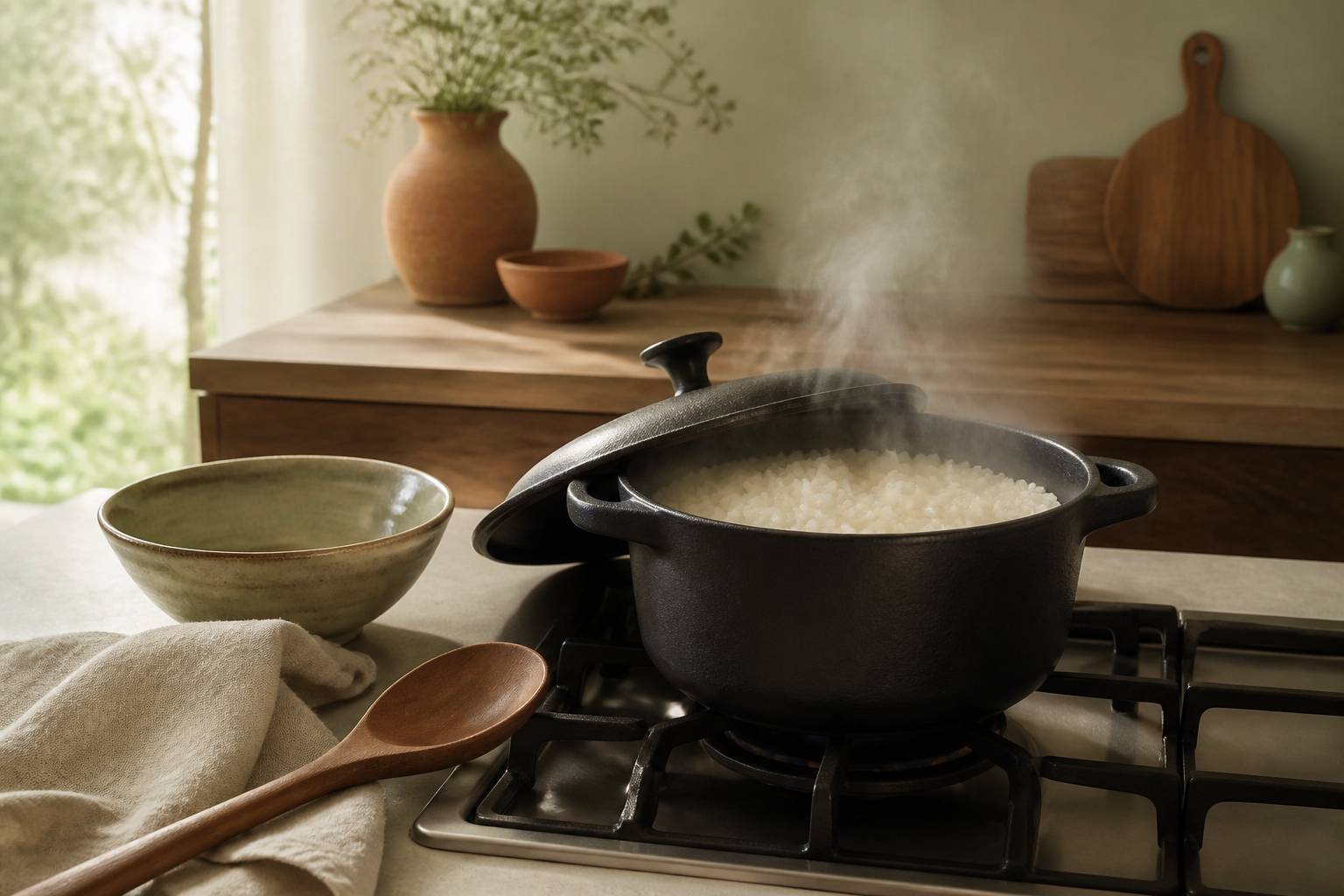 Casserole en fonte avec du riz en cuisson dégageant de la vapeur