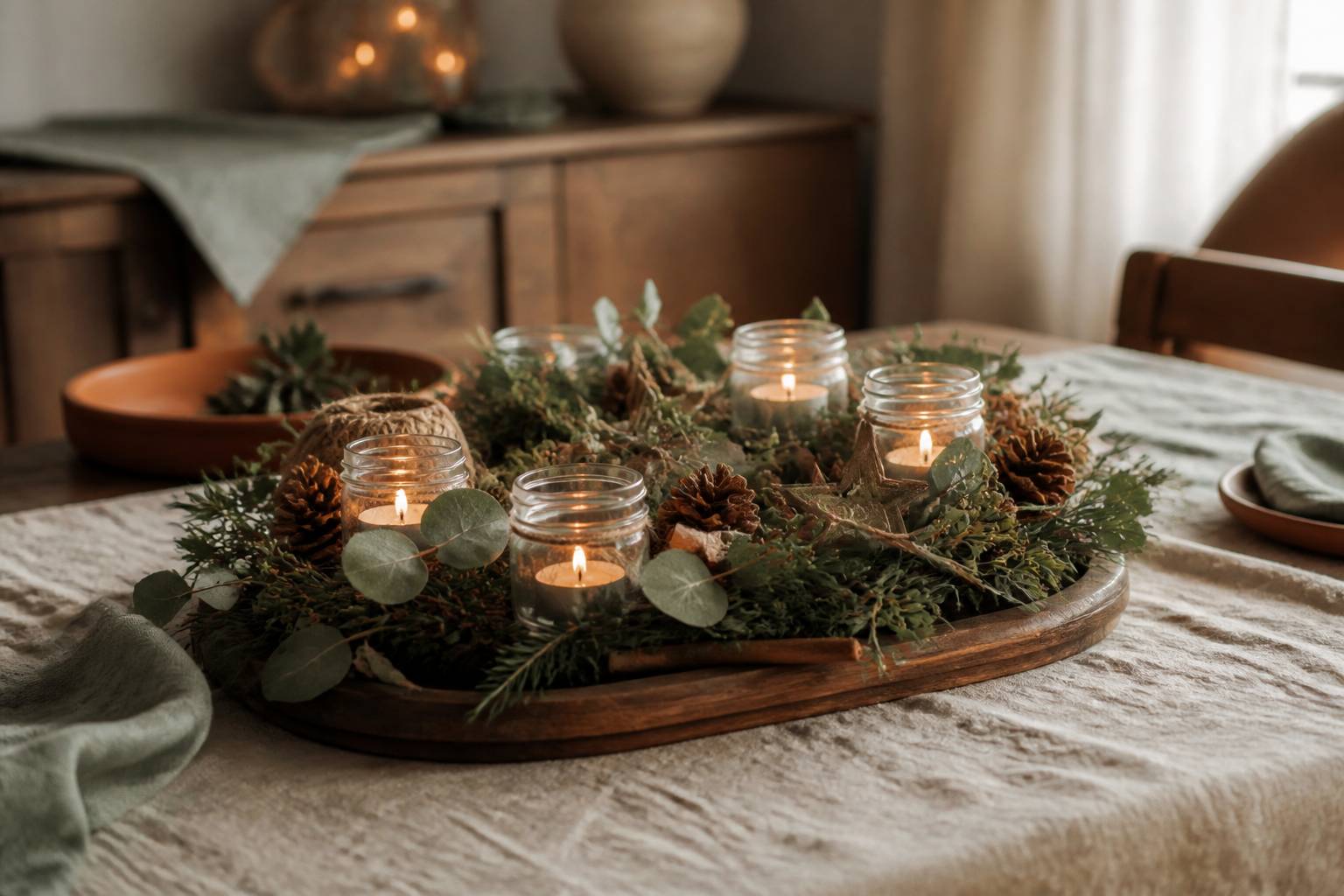 Couronne végétale et bougies en bocaux au centre d'une table de Noël
