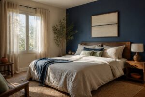 Chambre d'adulte avec mur bleu profond derrière le lit et murs beige sable