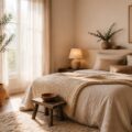 Chambre cocooning beige et blanc avec lit en lin et lampe en céramique