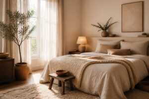 Chambre cocooning beige et blanc avec lit en lin et lampe en céramique
