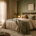 Chambre parentale apaisante aux tons beige et sauge avec lit en lin