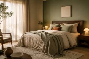 Chambre parentale apaisante aux tons beige et sauge avec lit en lin