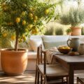 Citronnier en pot chargé de citrons jaunes sur une terrasse ensoleillée avec des feuilles brillantes