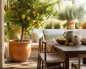 Citronnier en pot chargé de citrons jaunes sur une terrasse ensoleillée avec des feuilles brillantes