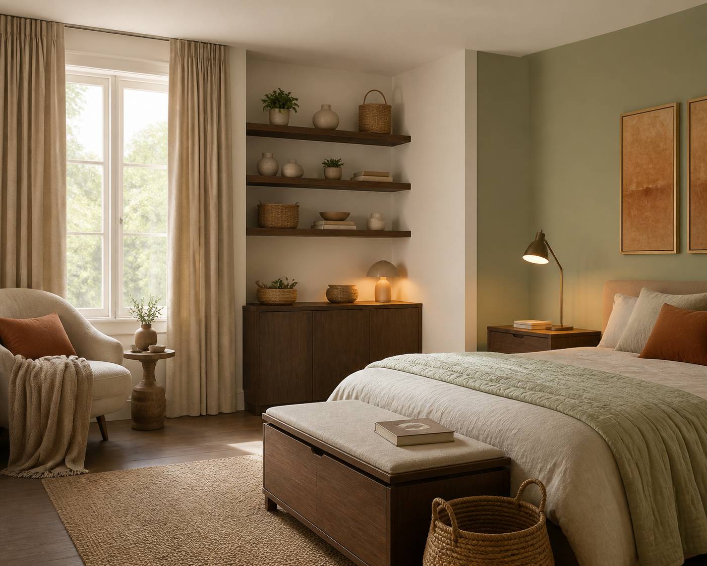 Coin lecture avec lampe design et rangements en osier dans une chambre