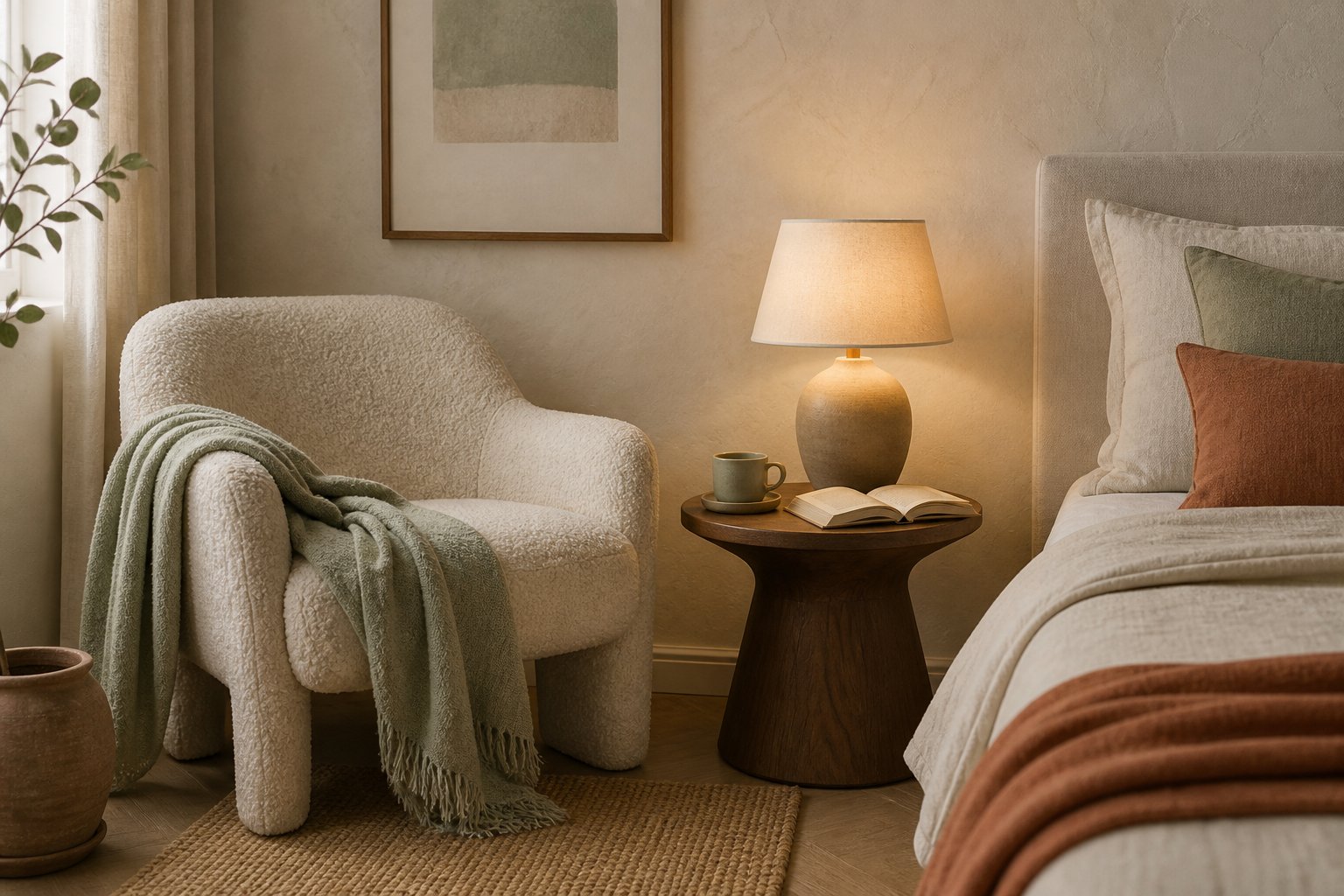 Coin lecture avec fauteuil en tissu bouclé clair et plaid en laine