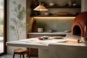 Coin pizza aménagé dans une cuisine avec un éclairage chaud sur le plan de travail