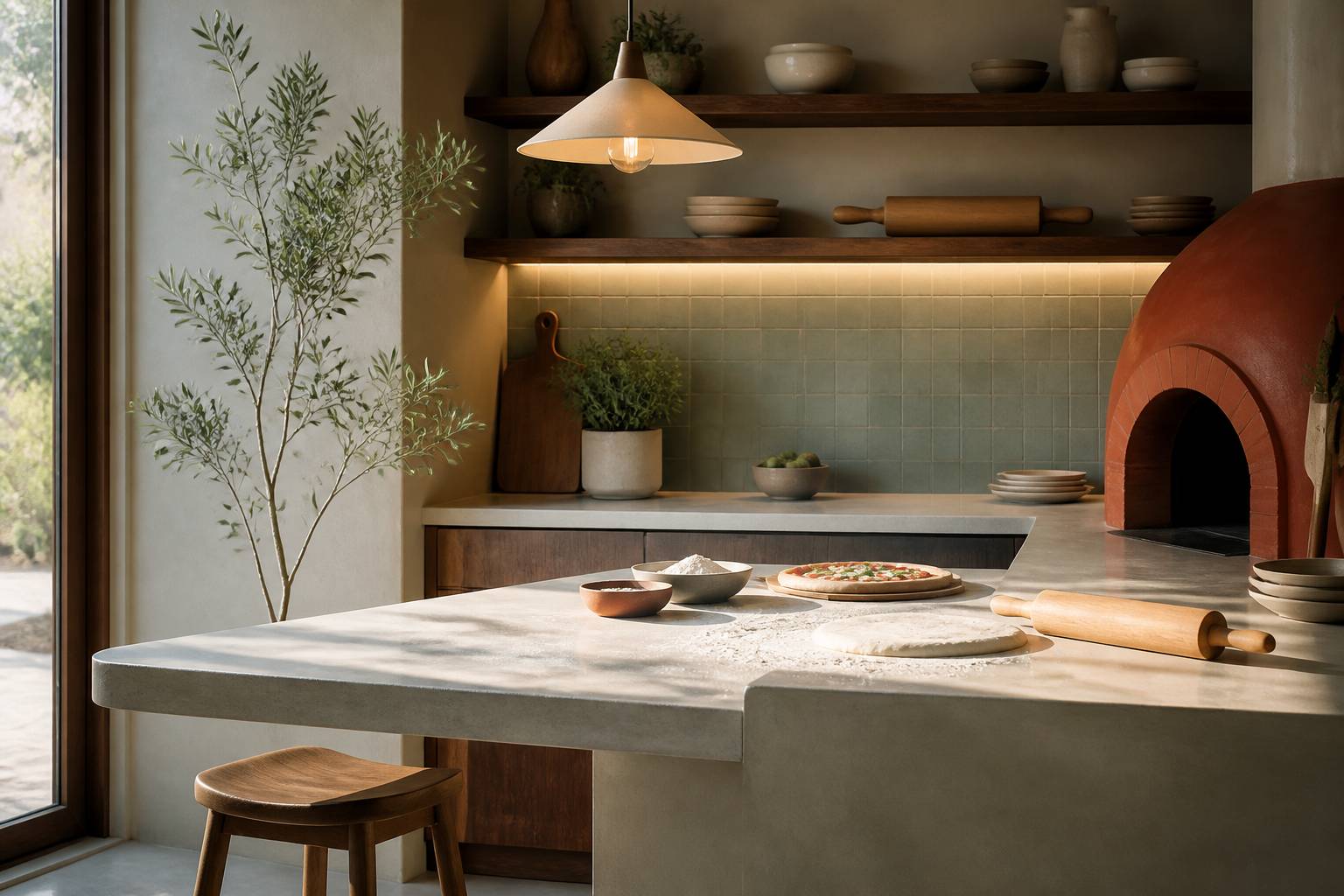 Coin pizza aménagé dans une cuisine avec un éclairage chaud sur le plan de travail