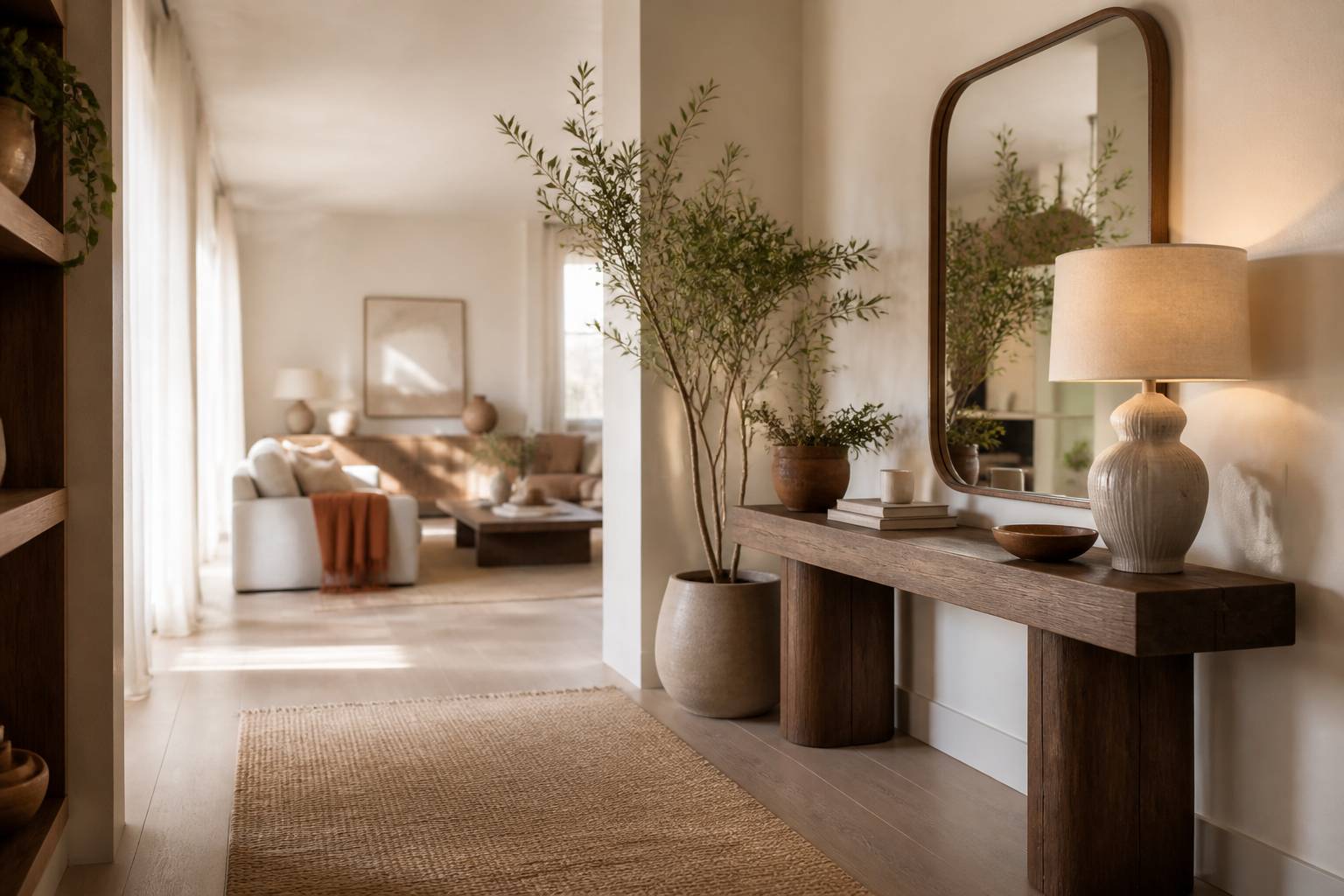 Console avec lampe et miroir entre deux zones