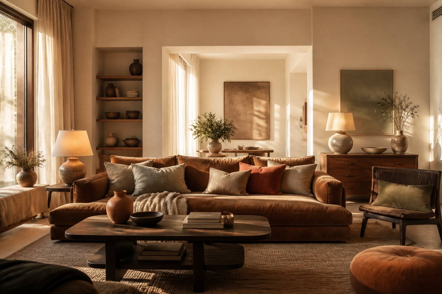 Intérieur élégant aux tons camel avec canapé en velours et plaids en laine