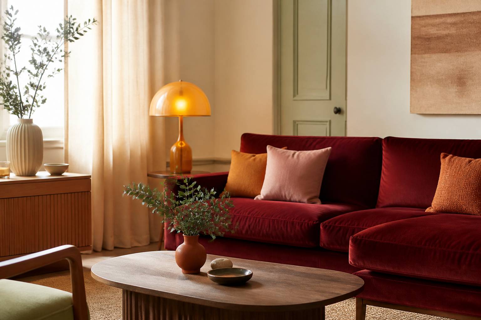 Salon chaleureux aux couleurs 2026 avec canapé rouge profond et coussins ambre