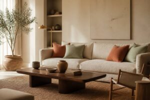Salon aux murs beige sable avec coussins terracotta et vert sauge