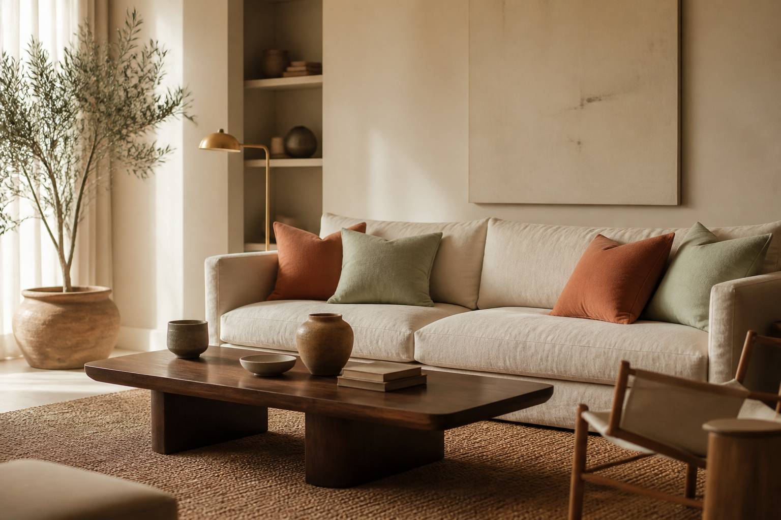 Salon aux murs beige sable avec coussins terracotta et vert sauge