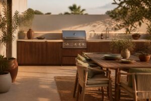 Cuisine d'extérieur élégante avec plan de travail et barbecue