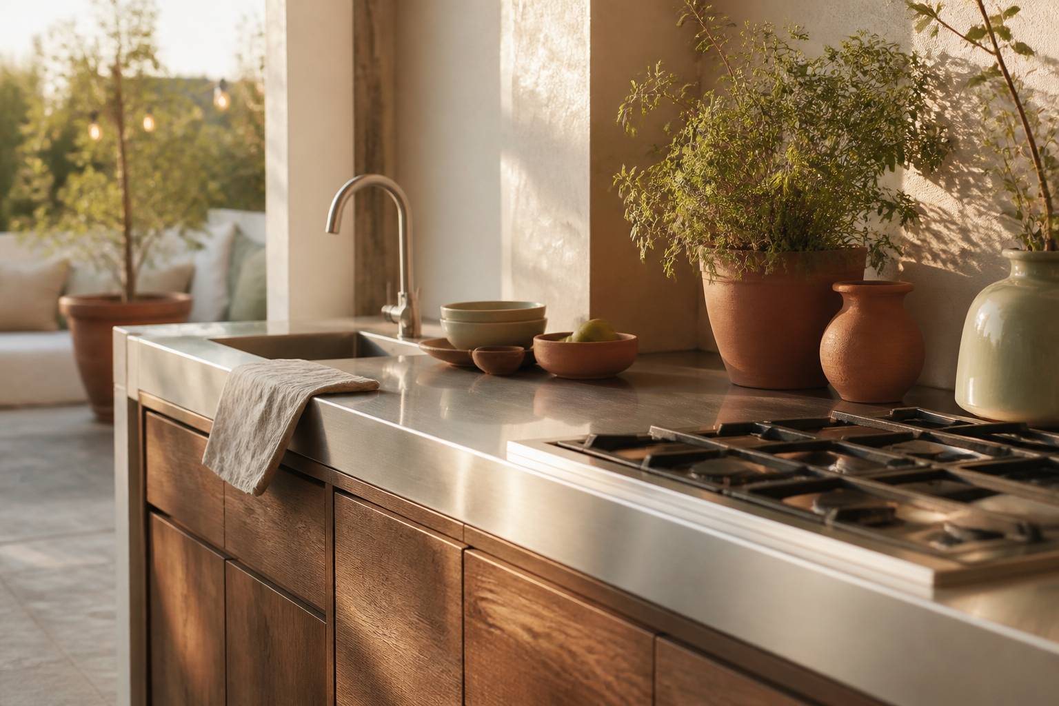 Équipements de cuisine d'extérieur en inox et bois le soir