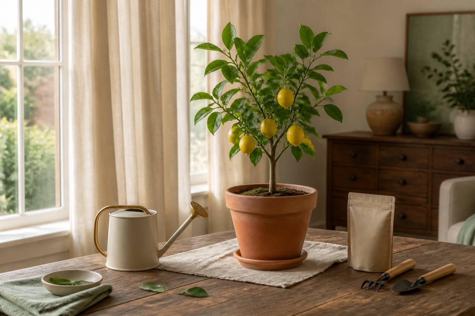 Entretien d'un citronnier en pot avec un arrosoir et un sachet d'engrais sur une terrasse