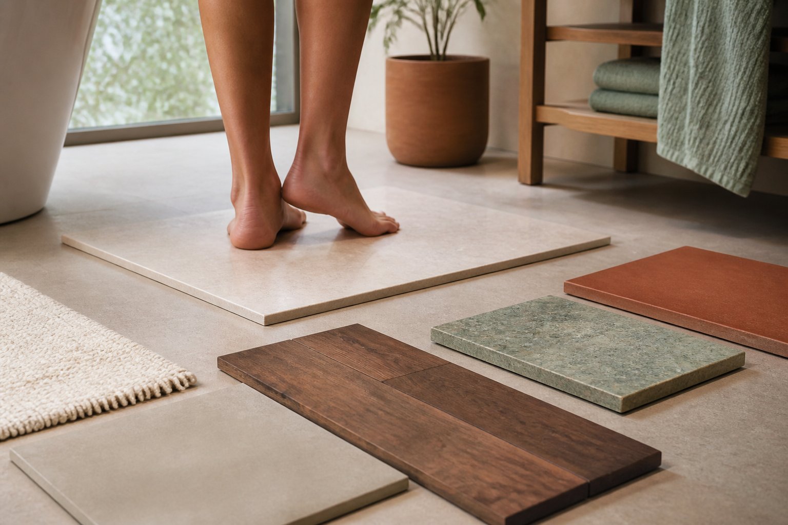 Échantillons de revêtements de sol posés dans une salle de bains avec pieds nus sur un carreau
