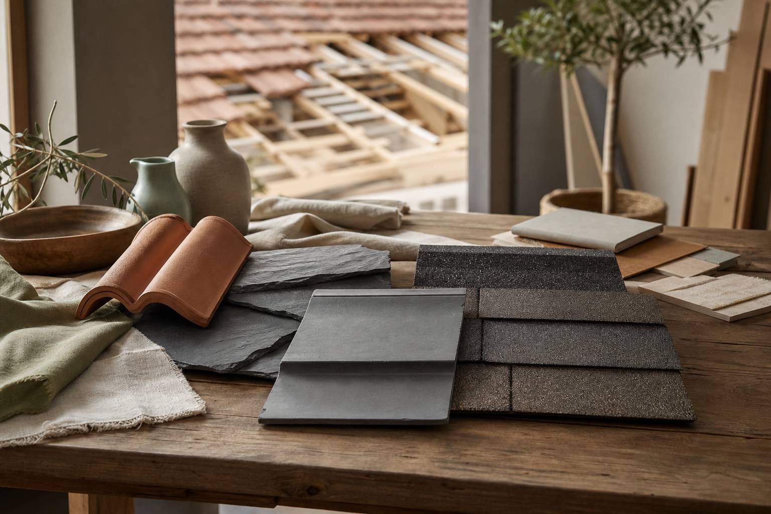 Échantillons de tuiles en terre cuite, ardoise et fibres-ciment posés sur une table de chantier