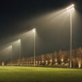 Projecteurs LED de stade allumés la nuit au-dessus d'une pelouse