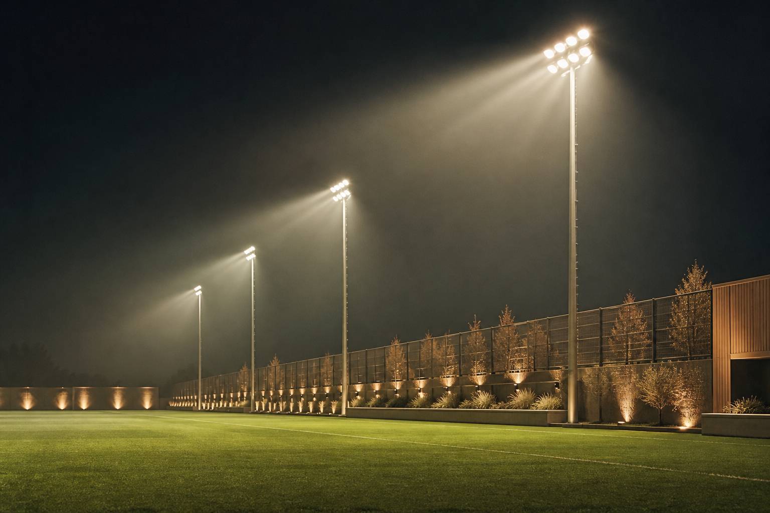 Projecteurs LED de stade allumés la nuit au-dessus d'une pelouse