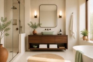Miroir de salle de bains éclairé par des appliques latérales sans ombre