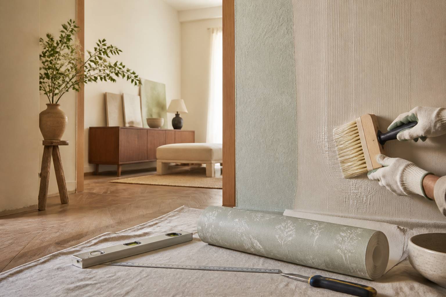 Mains gantees appliquant la colle sur un mur avec une brosse et rouleau d'intisse pret a poser