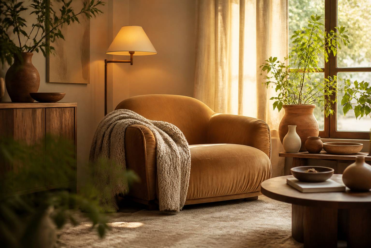 Fauteuil camel avec plaid en maille éclairé par une lampe à lumière dorée