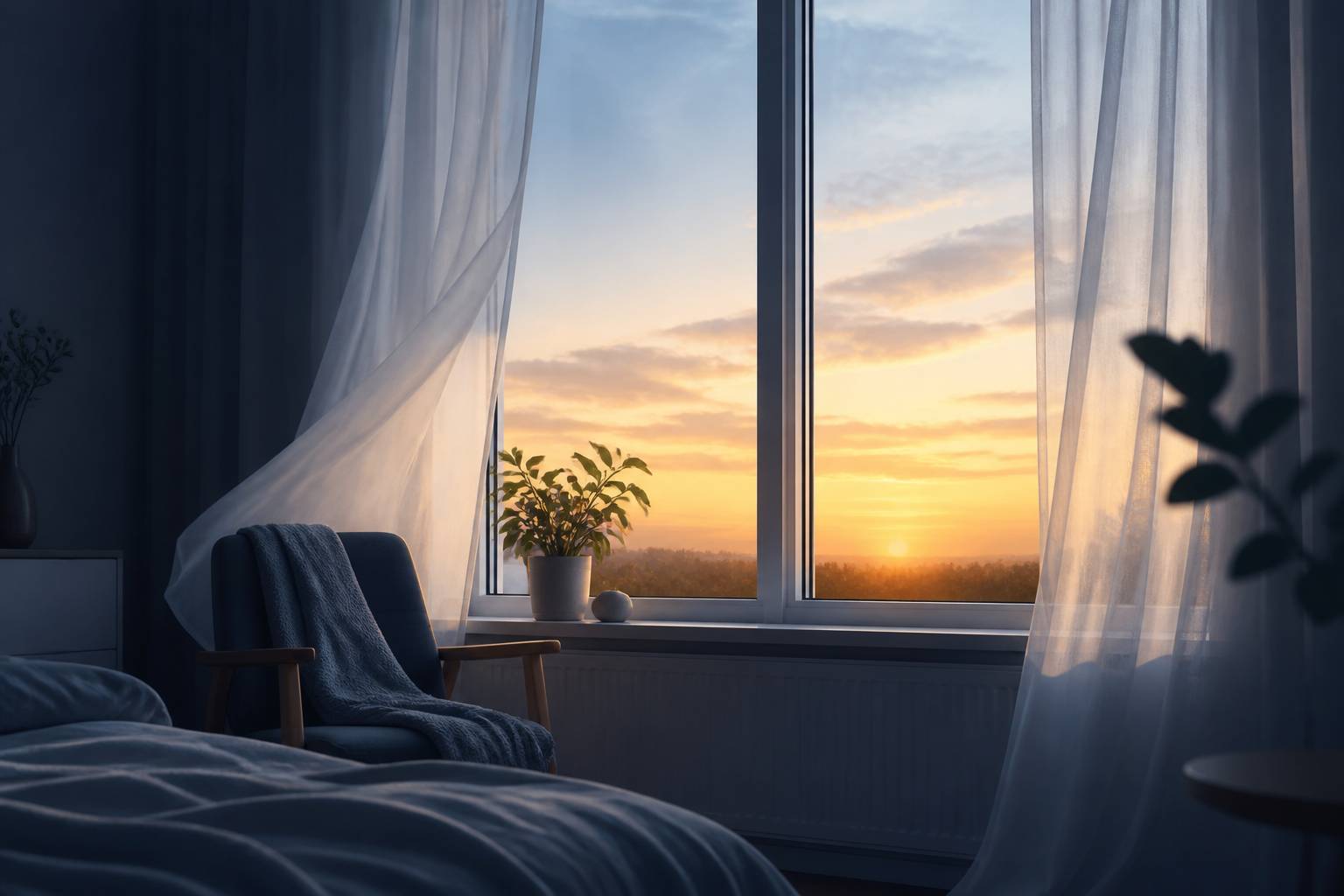 Fenêtre de chambre au lever du soleil avec un ciel orangé doux