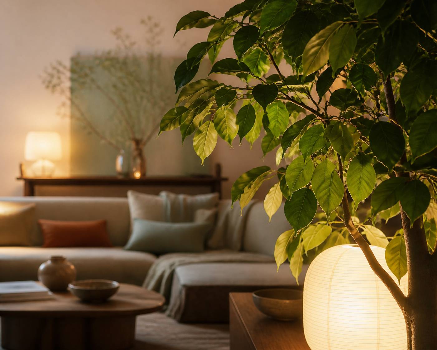 Feuillage d'un arbre d'intérieur éclairé par le halo d'une lampe design