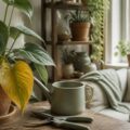 Plantes en pot dans un salon lumineux avec une feuille jaunissante
