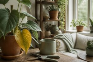 Plantes en pot dans un salon lumineux avec une feuille jaunissante